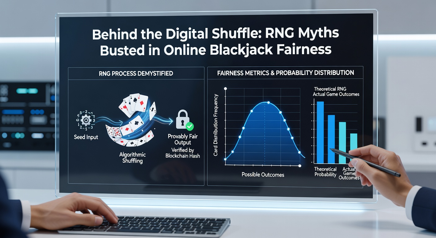 Grafiek met RNG-testresultaten en gecertificeerde blackjack tafels, illustrerend auditprocessen en eerlijkheidsmetrics