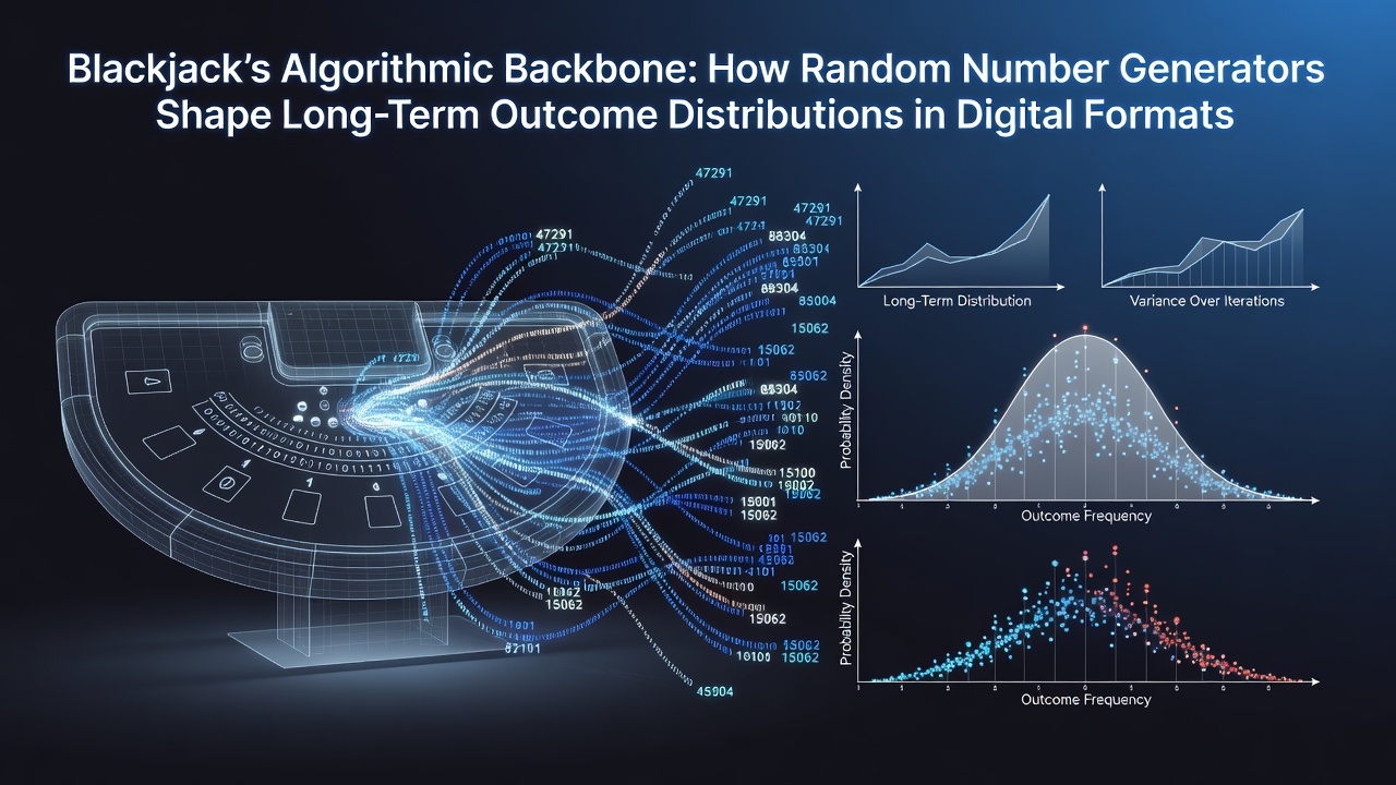 Visualisatie van random number generators die kaarten in digitale blackjack simuleren met numerieke patronen en distributiecurves