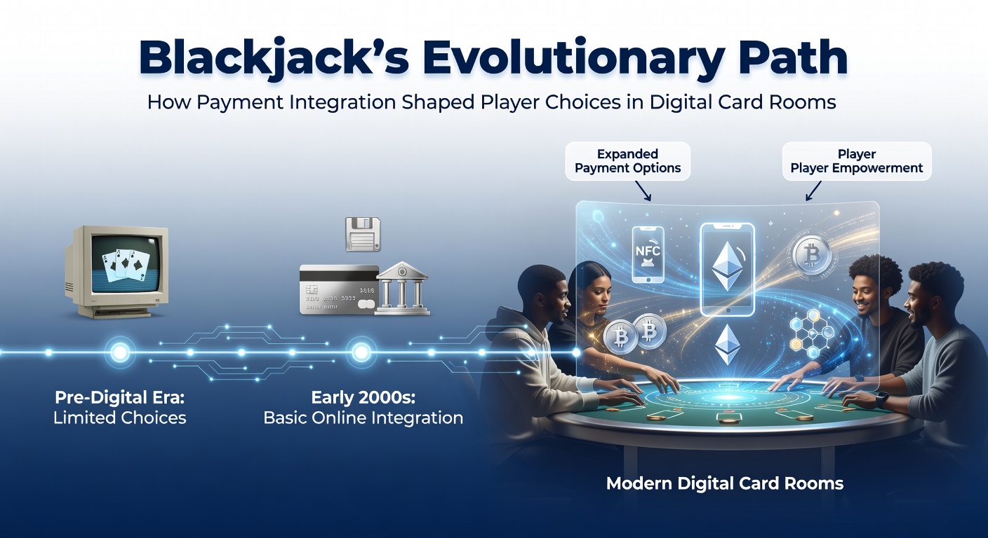 Illustratie van de evolutie van betalingsmethoden in online blackjack platforms met digitale kaarten en transacties