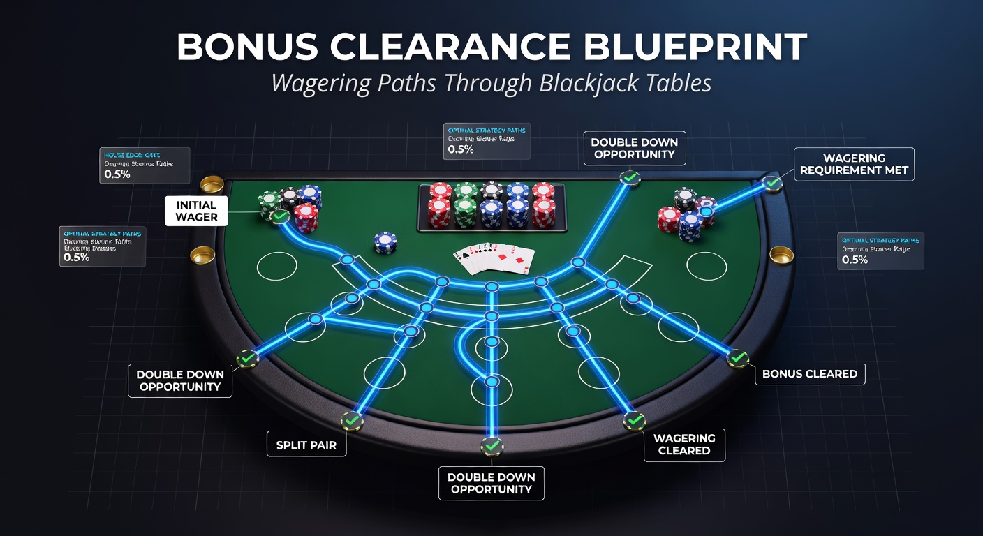 Overzicht van een blackjacktafel met bonusinzetindicatoren en wagering paths in een online casinoomgeving