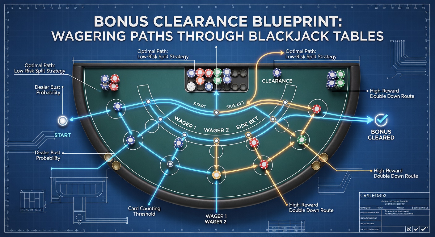 Grafische weergave van wagering paths op een blackjacktafel, met pijlen die verschillende bonus clearance routes tonen door multiple handen en tafels