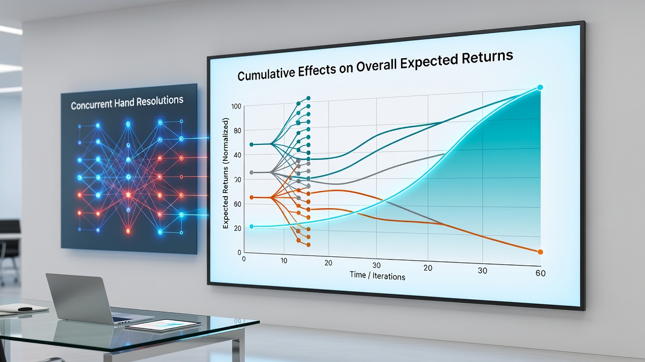 Grafiek met cumulatieve return curves bij verschillende resolutiesnelheden in digitale blackjack