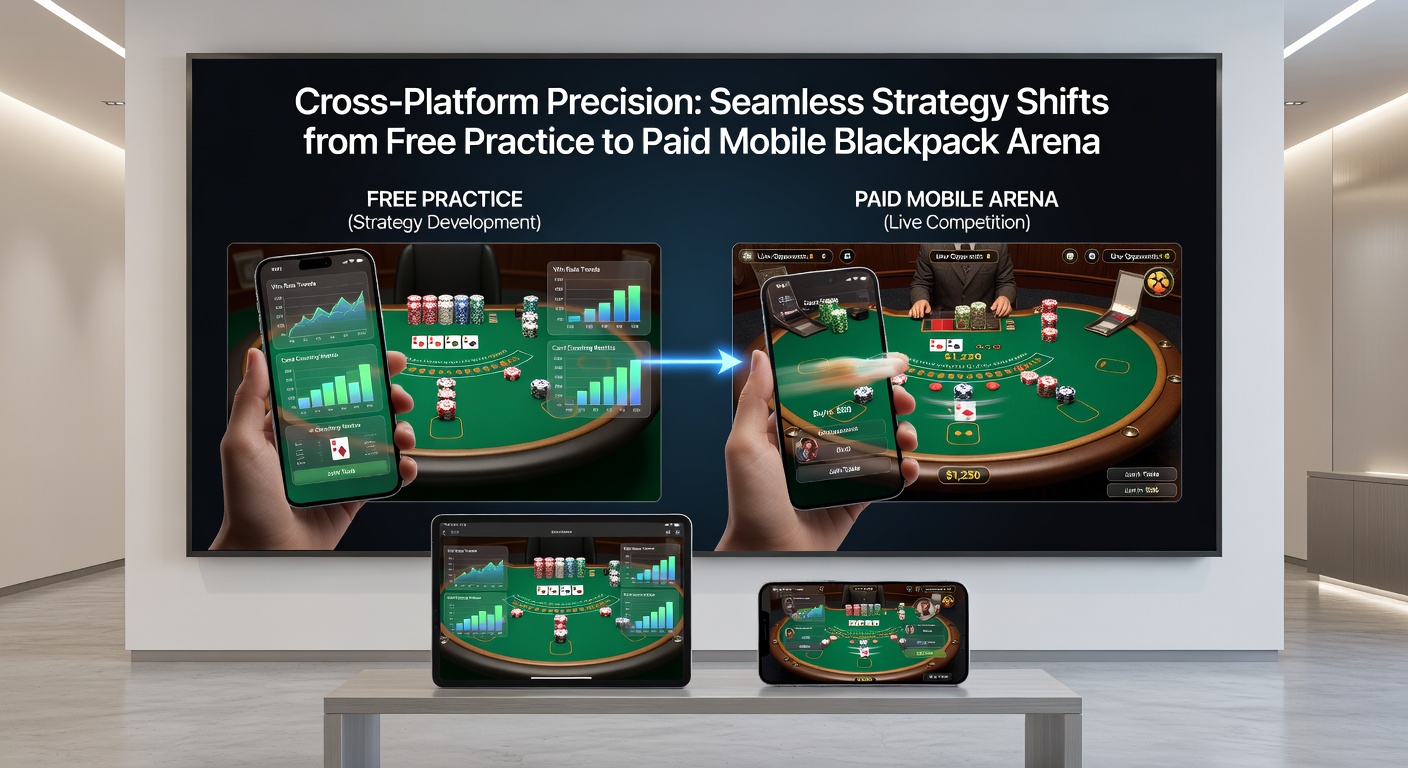 Vergelijking van blackjack-interface op tablet in gratis modus en smartphone in live betaald spel, met overlay van strategiekaarten