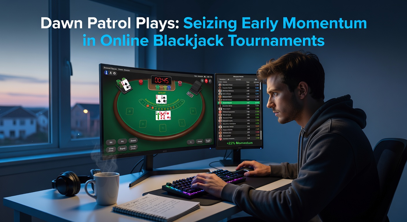 Speler aan een online blackjacktafel tijdens een toernooi, met chips en kaarten in een vroege fase