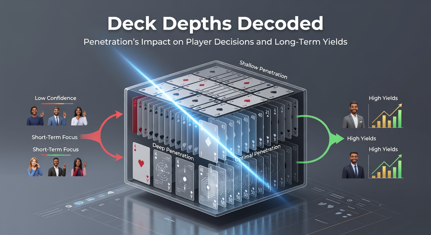 Grafiek die deck penetration percentages toont in verschillende blackjack varianten, met lijnen voor huisvoordeel en speleropbrengsten