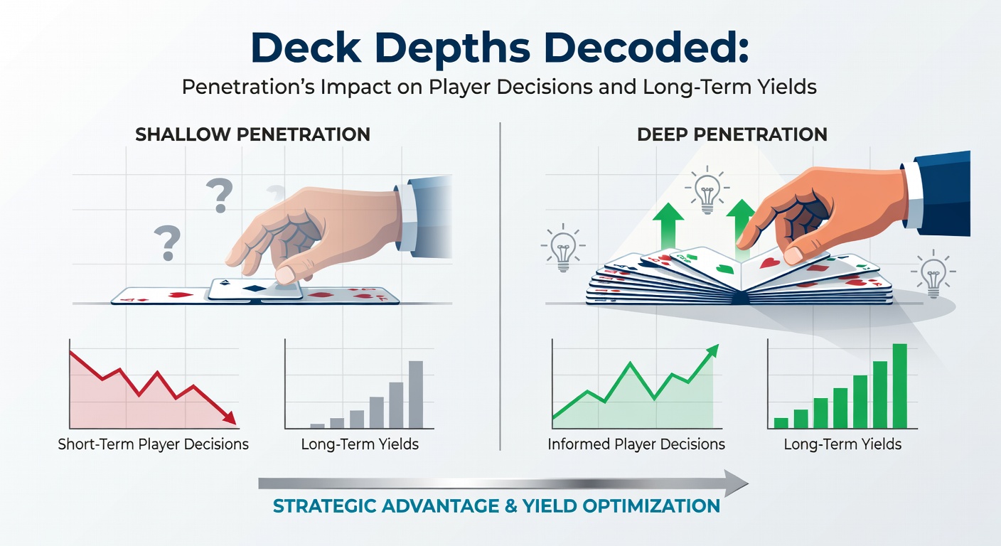 Tafeloverzicht van een blackjack schoen met markering van het cut card punt bij 75% penetratie, inclusief count voorbeelden