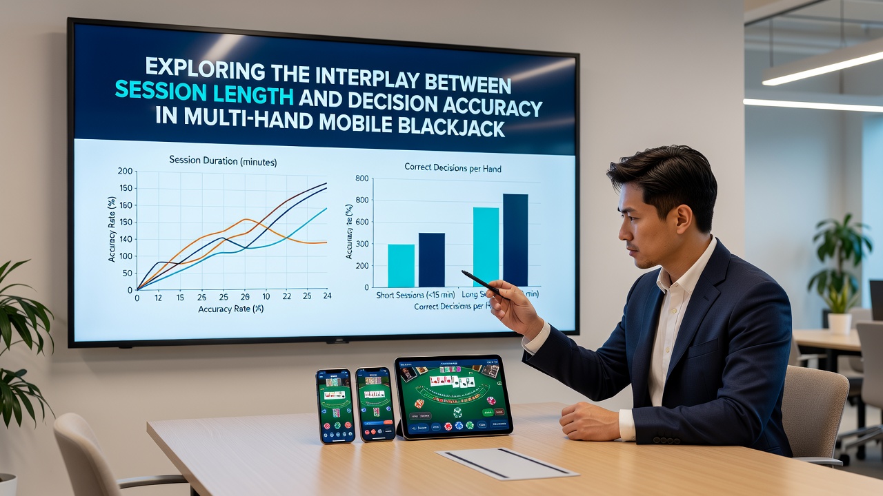 Grafieken en data visualisaties die de daling in beslissingsnauwkeurigheid tonen naarmate sessielengte toeneemt in multi-hand mobiele blackjack