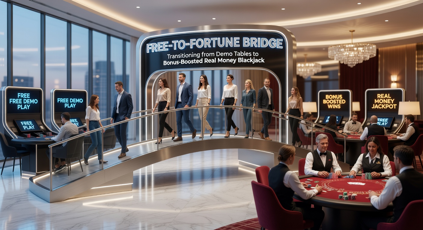 Een speler die naadloos overstapt van een demo blackjack-tafel naar een echtgeld sessie met bonuschips op het scherm