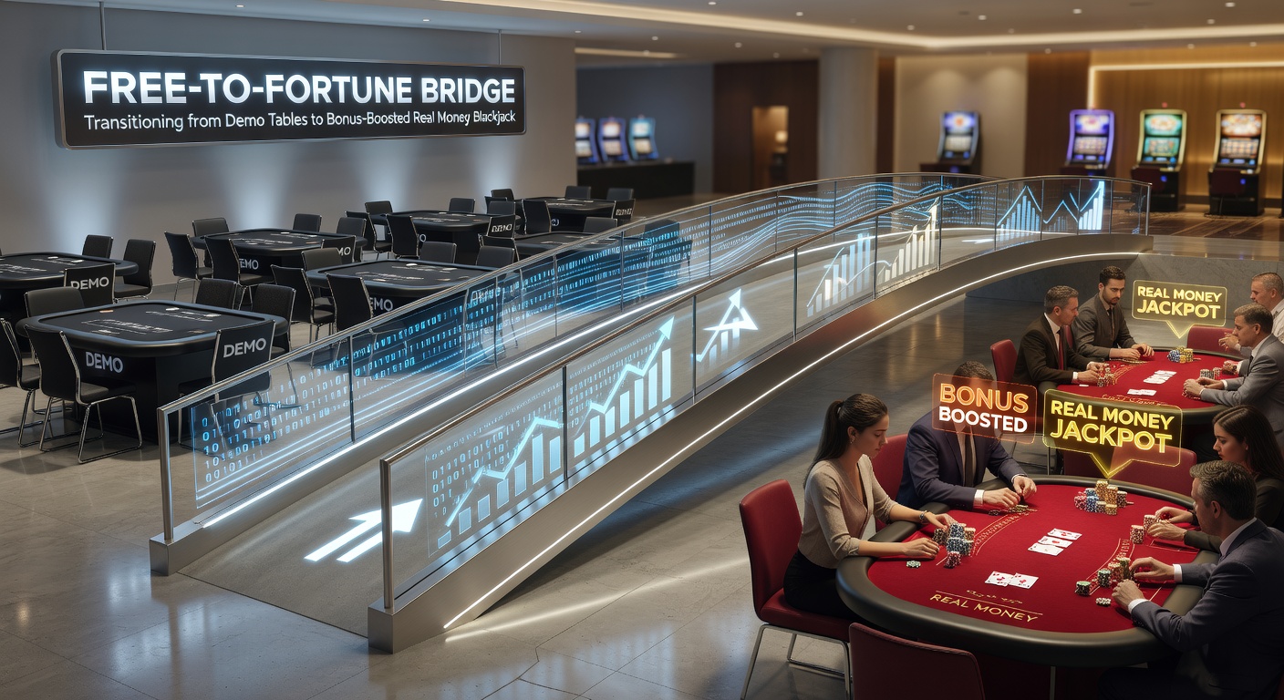 Grafiek met bankroll-groei tijdens de transitie van demo naar bonus-echtgeld blackjack, inclusief pieken en dalen in een typische sessie