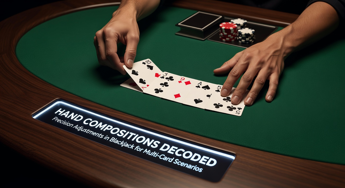 Blackjacktafel met spelers die multi-kaarten handen analyseren, dealer upcard zichtbaar