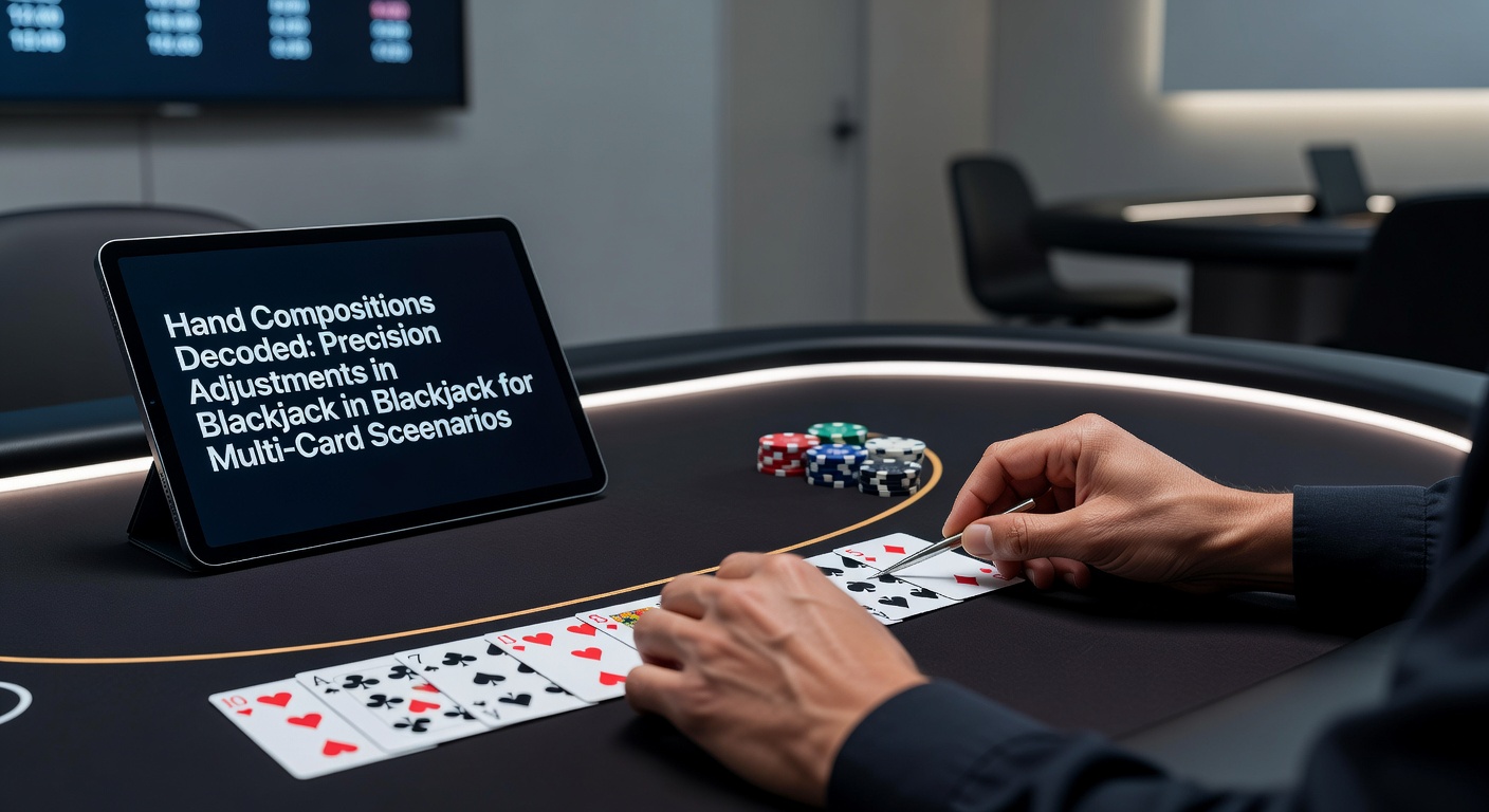 Close-up van een multi-kaarten blackjackhand met vier kaarten tot totaal 16, dealer upcard 10