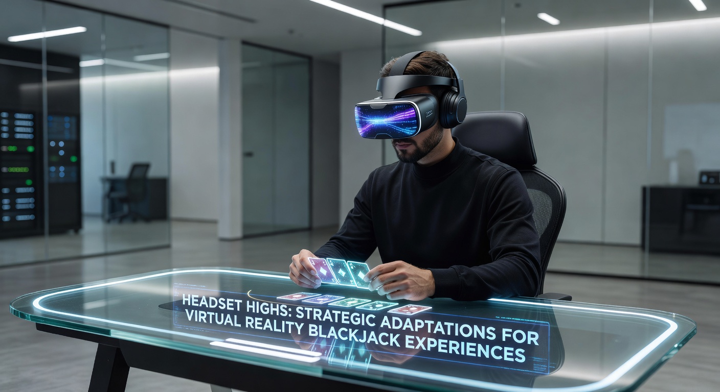 Speler in VR-headset aan blackjacktafel met digitale kaarten en dealer in virtuele casino-omgeving