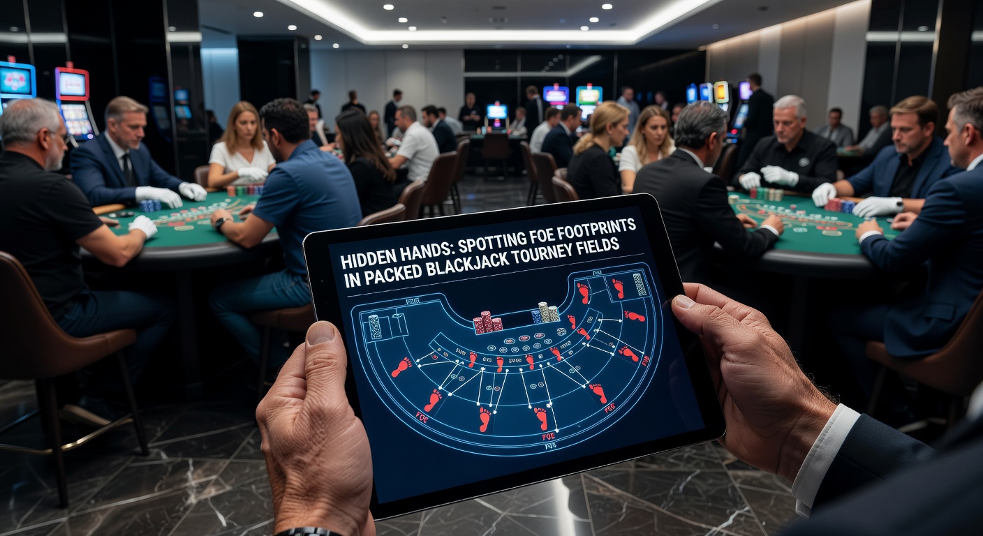 Spelers aan een blackjacktoernooi tafel, met focus op chip stacks en kaarten in een drukke arena