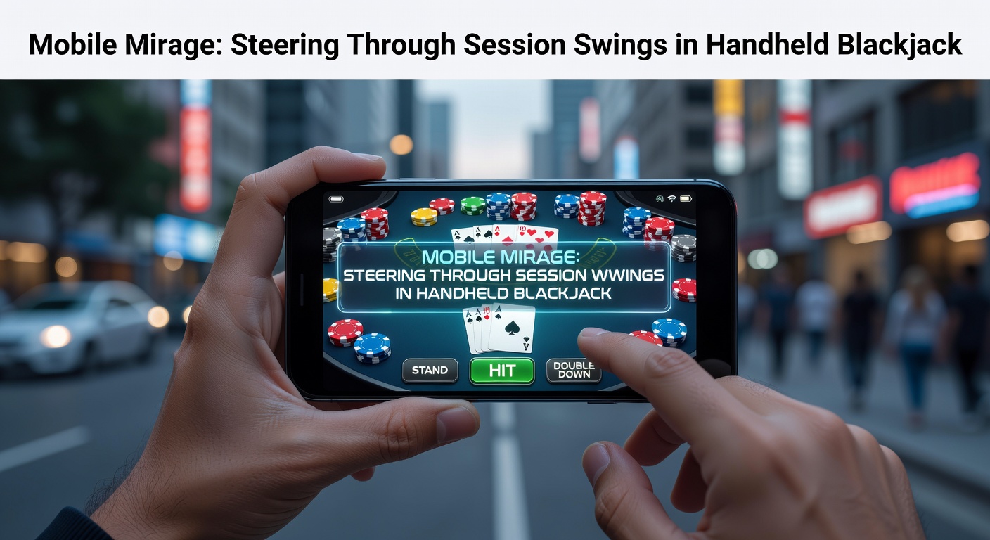 Speler houdt smartphone vast tijdens een intense blackjack-sessie, met kaarten en chips op het scherm zichtbaar