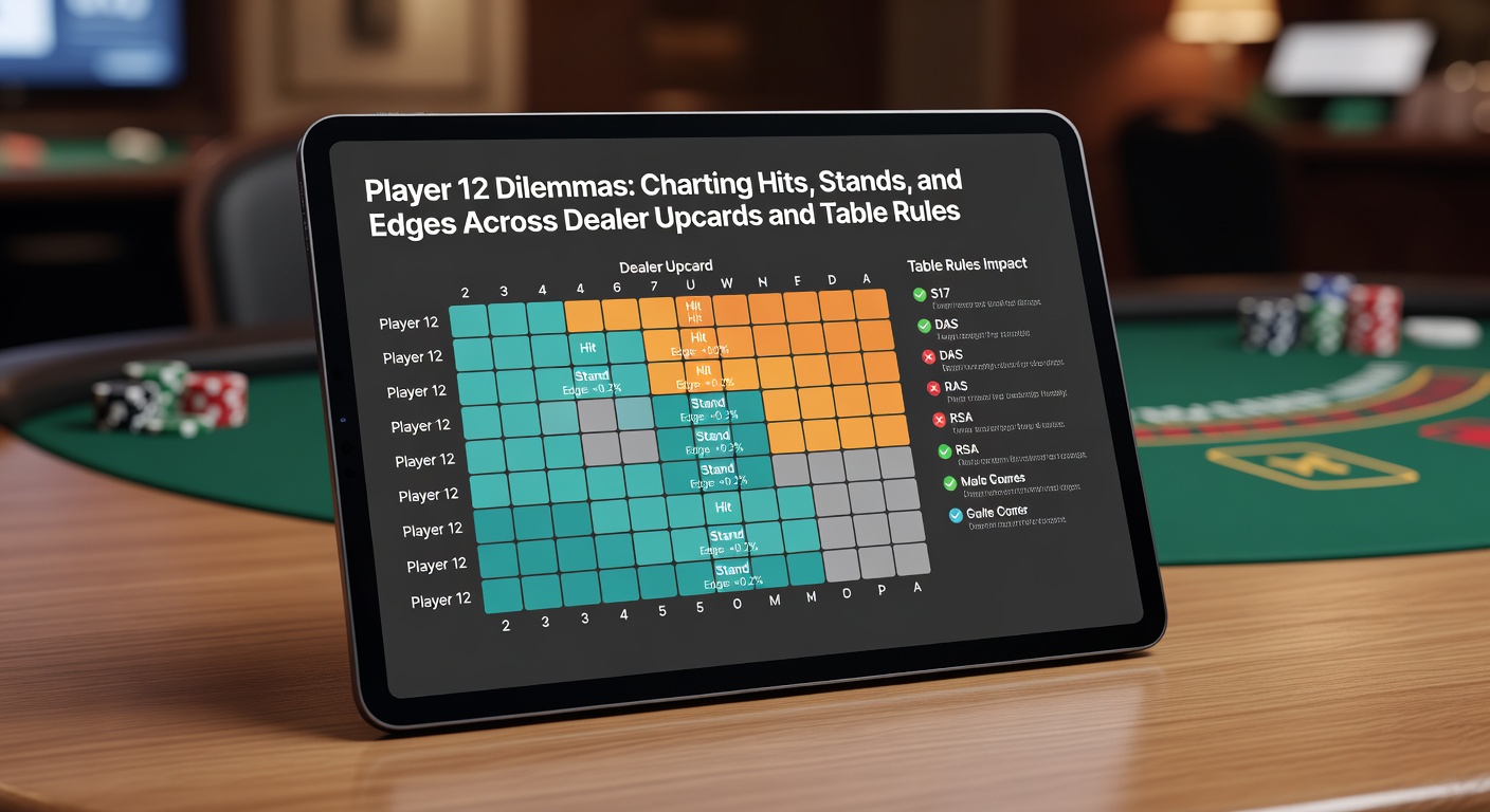 Blackjacktafel met focus op spelerhand van 12 punten tegenover dealer upcard, illustrerend strategische keuzes