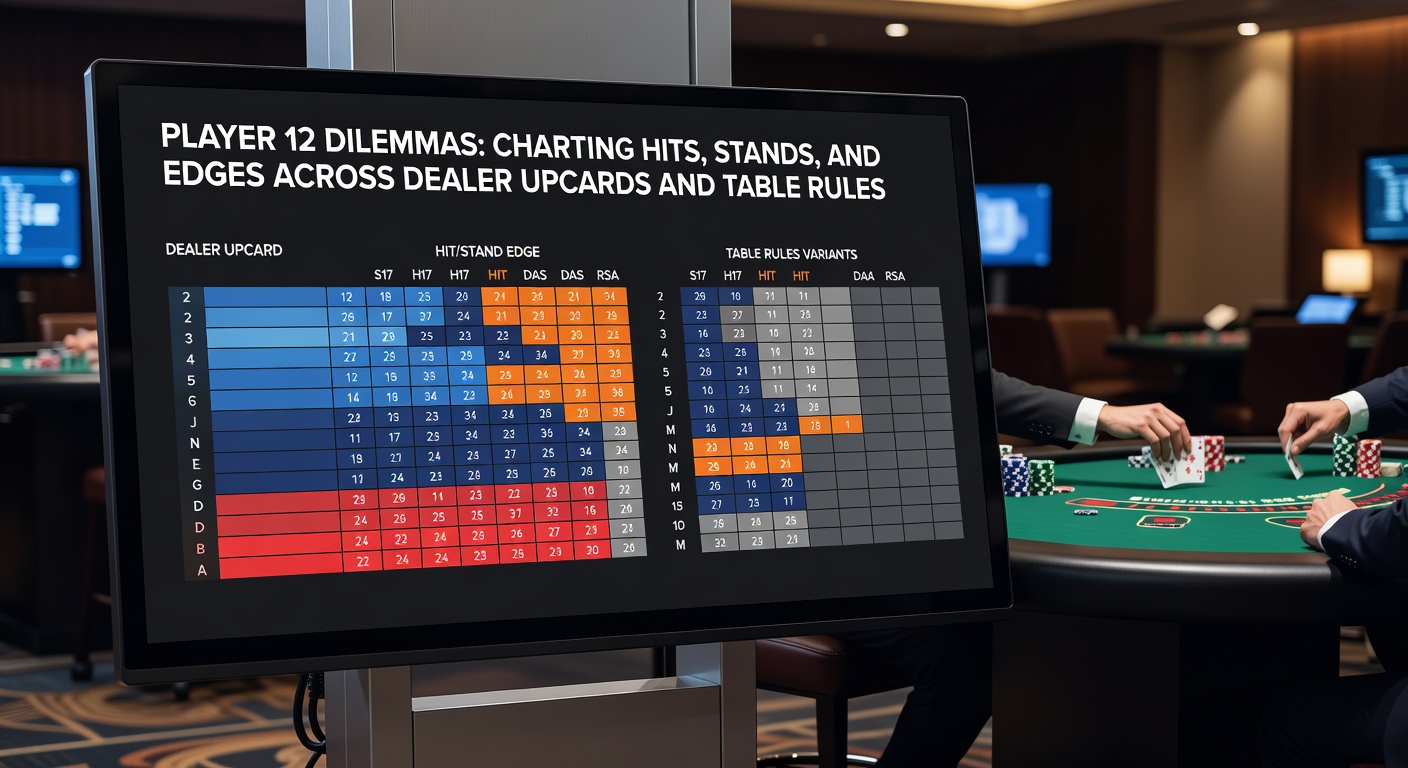 Grafiek met basic strategy chart voor speler 12 versus dealer upcards, markeerend optimale hits en stands onder verschillende regels
