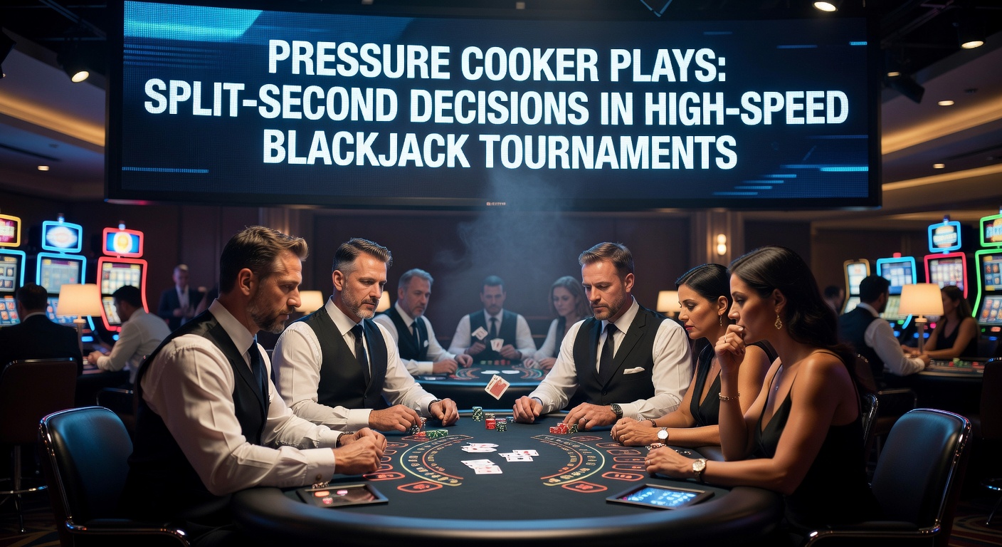 Spelers aan een high-speed blackjack tafel maken razendsnelle beslissingen onder intense druk tijdens een toernooi