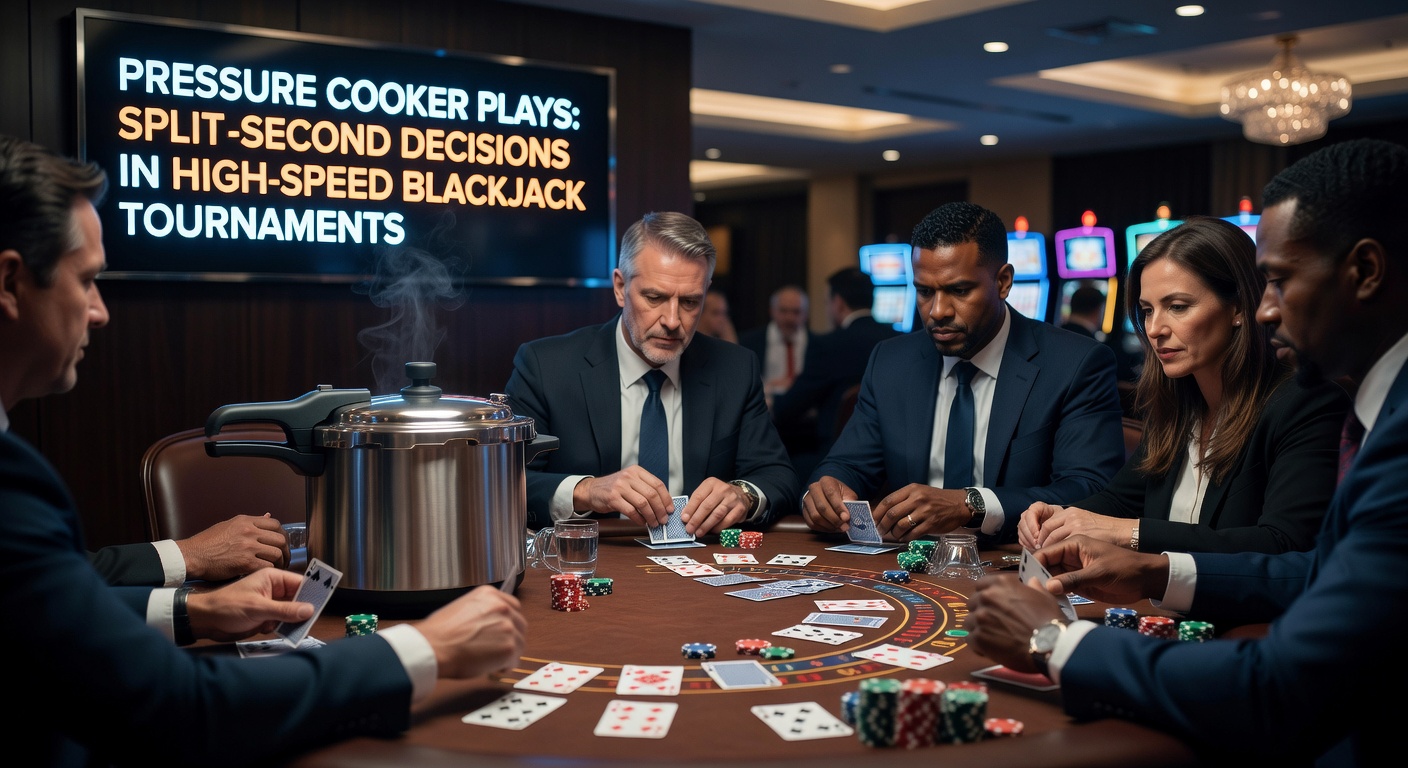 Een close-up van een speler die in een fractie seconde beslist tijdens een intens high-speed blackjack toernooi, met timer in beeld