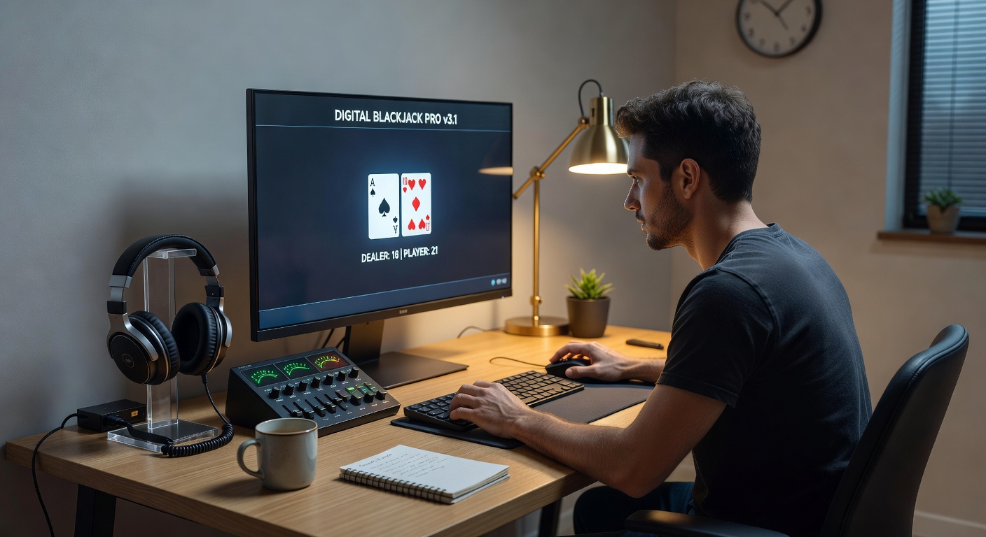 Close-up van een mobiel blackjack scherm met audio-instellingen open en koptelefoon op tafel