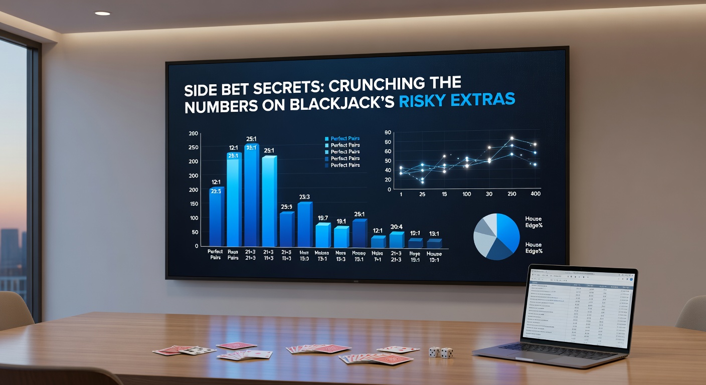 Tafeloverzicht van een blackjackspel met side bet opties gemarkeerd, inclusief digitale display van odds en recente winsten