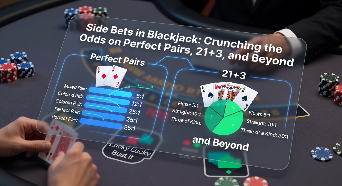 Een blackjacktafel met side bet-opties zoals Perfect Pairs en 21+3 zichtbaar op het speelscherm, inclusief fiches en kaarten in een live casino-setting