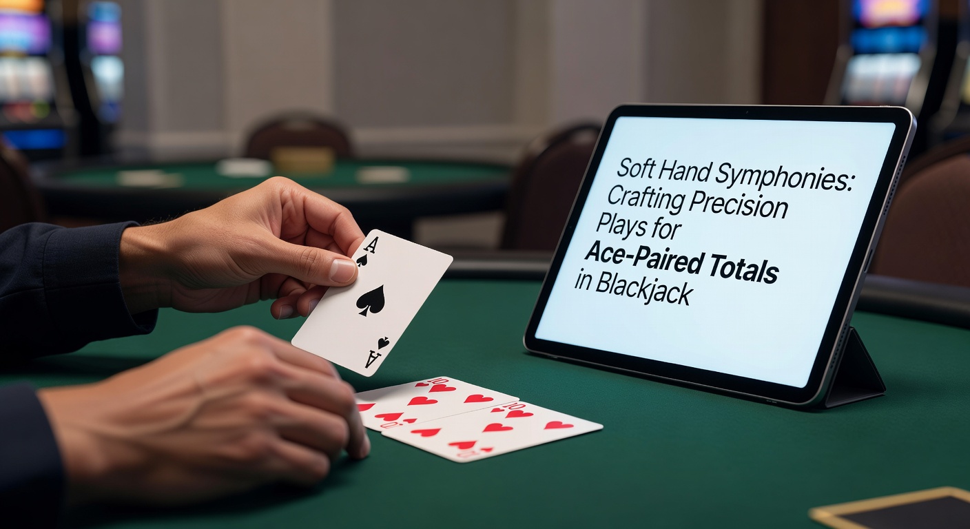 Een blackjacktafel met focus op een soft hand zoals A-7, omringd door kaarten en fiches, illustrerend precieze strategische beslissingen
