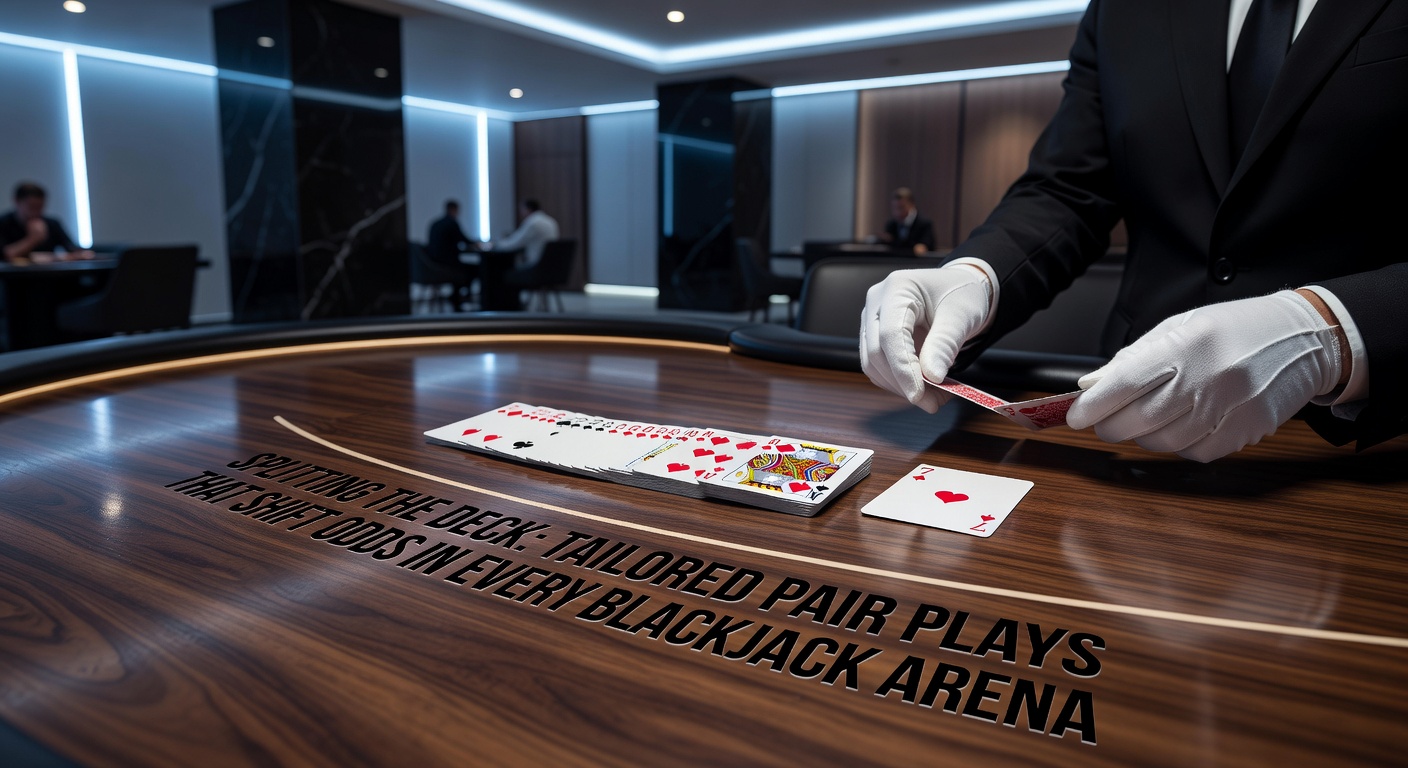 Close-up van gesplitste tweeën en drieën op een blackjack-tafel, met dealer zwakke upcard