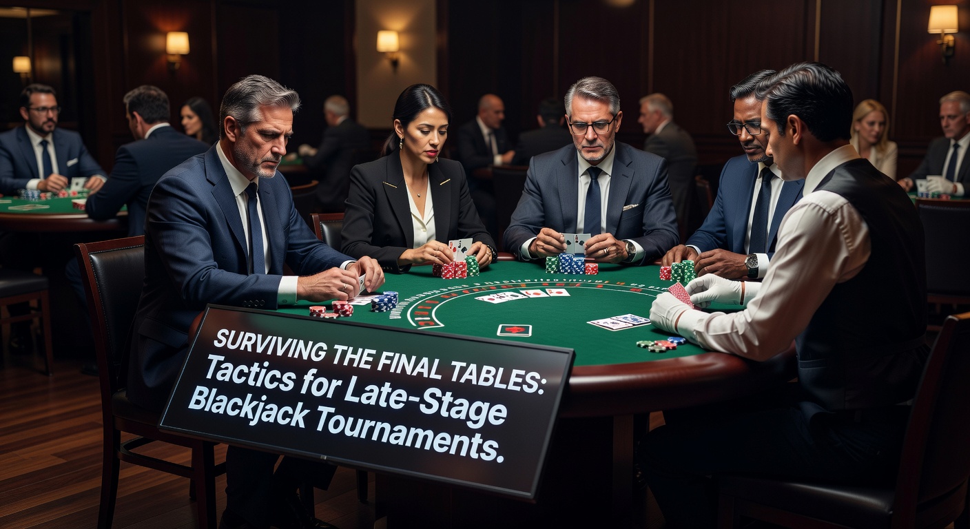 Spelers aan een final table in een blackjack toernooi, met intense concentratie en chip stacks in het zicht