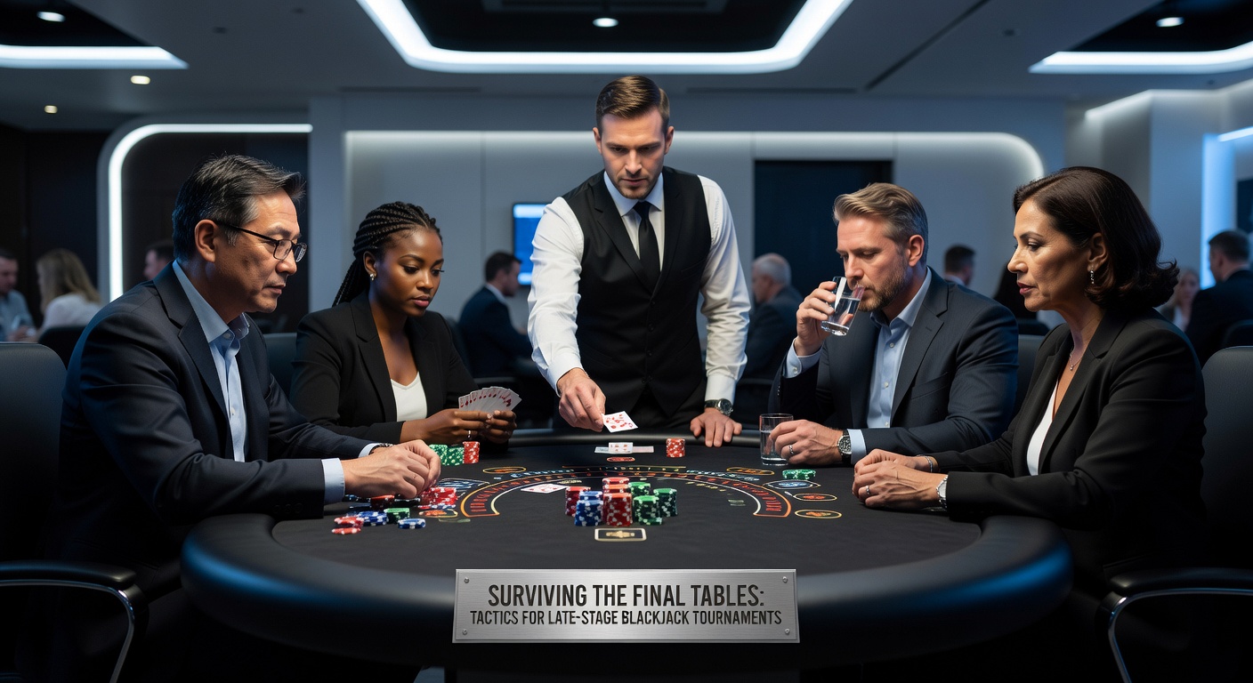 Close-up van een blackjack final table met spelers die chips verplaatsen en kaarten analyseren tijdens een cruciaal moment