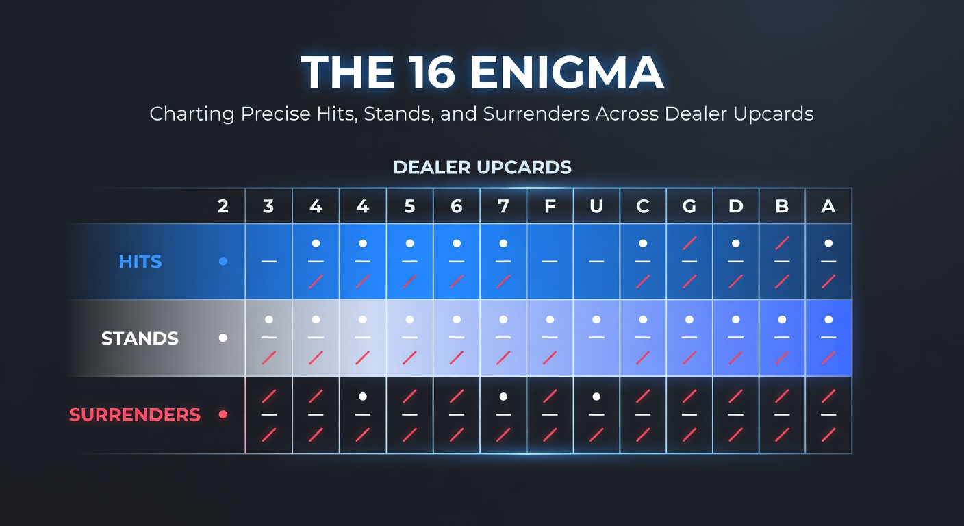 Blackjacktafel met focus op een spelershand van 16 tegen dealer upcards, illustrerend strategische beslissingen zoals hit, stand of surrender