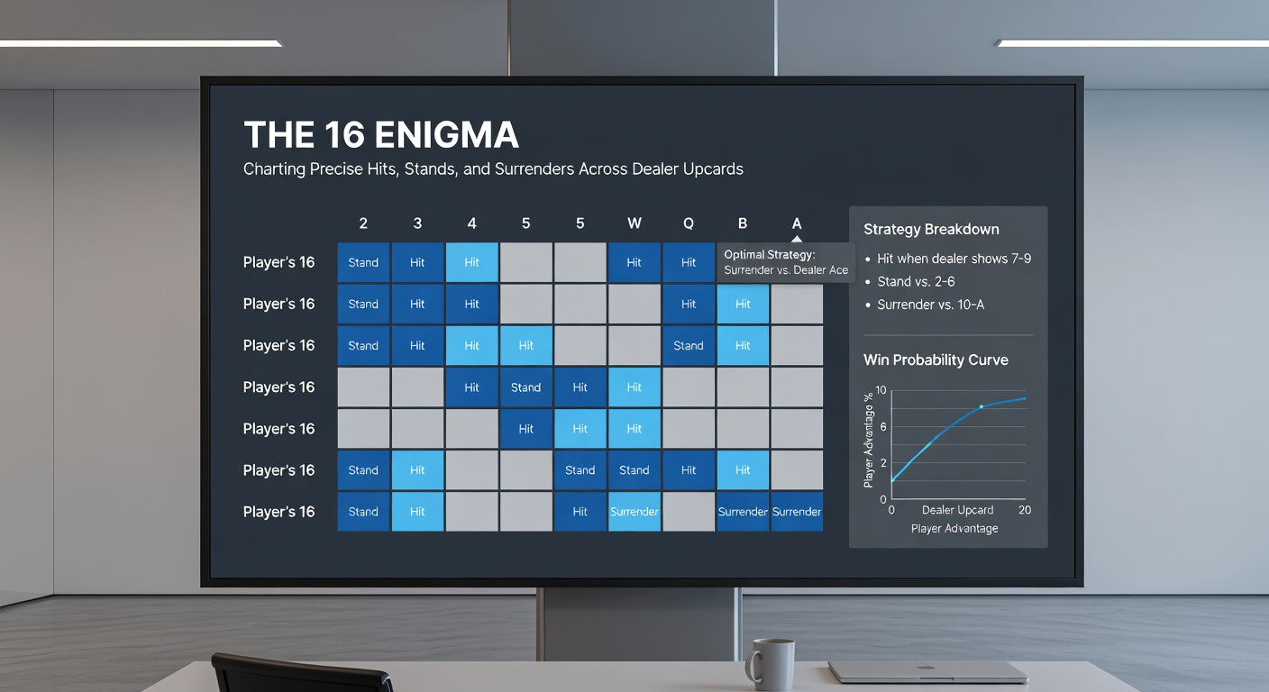 Gedetailleerde blackjack strategy chart met nadruk op 16 tegen diverse upcards, inclusief surrender iconen en rendementscurves