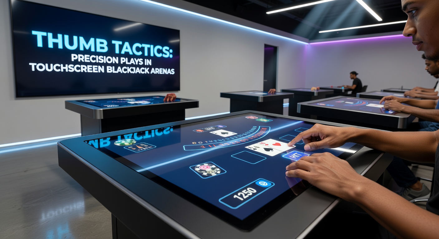 Close-up van duimen die precisie taps uitvoeren op een blackjack touchscreen, met kaarten en chips zichtbaar