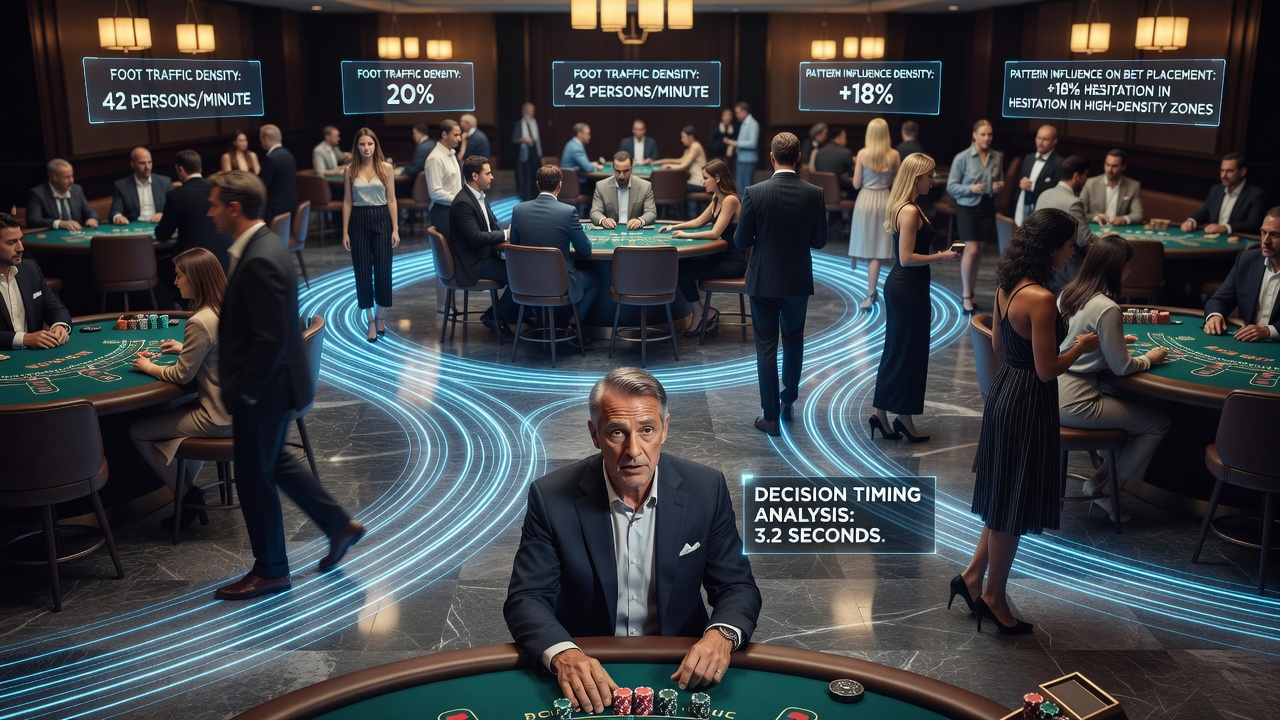 Kaart van voetverkeerpatronen in een druk casino met spelers die zich verplaatsen tussen tafels