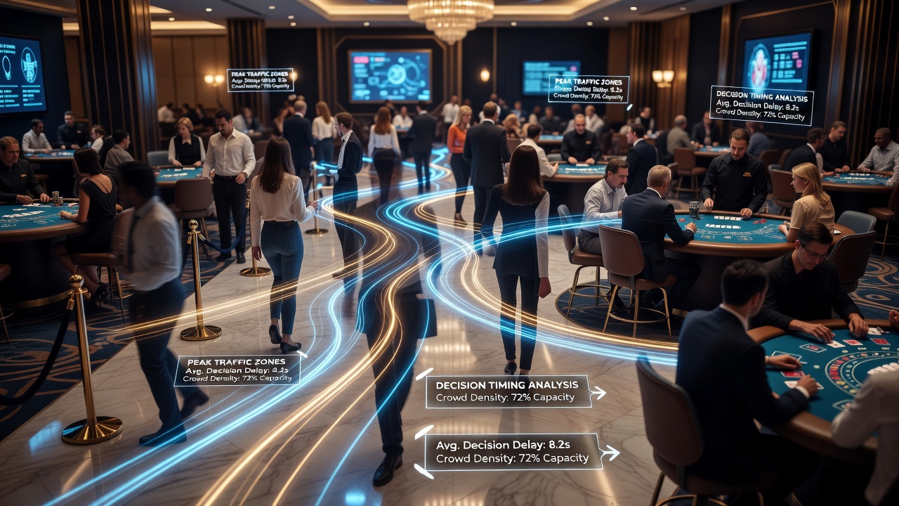 Spelers in een volle casinozaal met overlay van voetverkeerstromen en beslissingspunten