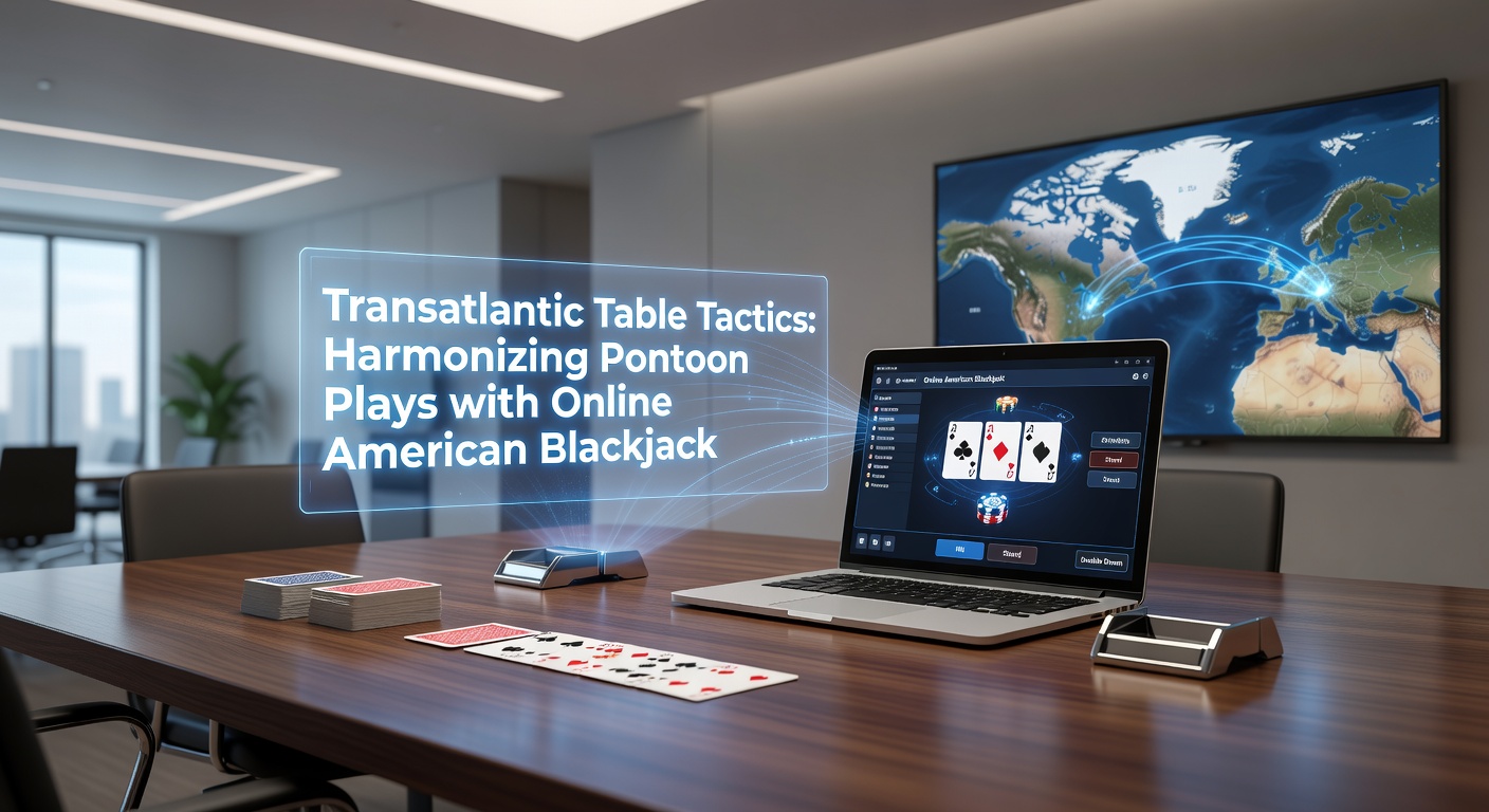 Vergelijking van een traditionele pontoon tafel en een online Amerikaanse blackjack interface, met kaarten en fiches in actie
