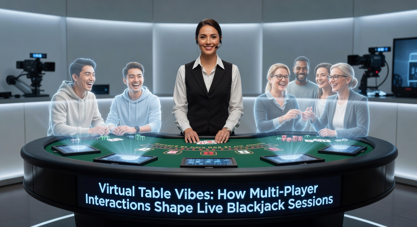 Spelers rond een levensechte virtuele blackjacktafel, chattend en weddend in een live sessie