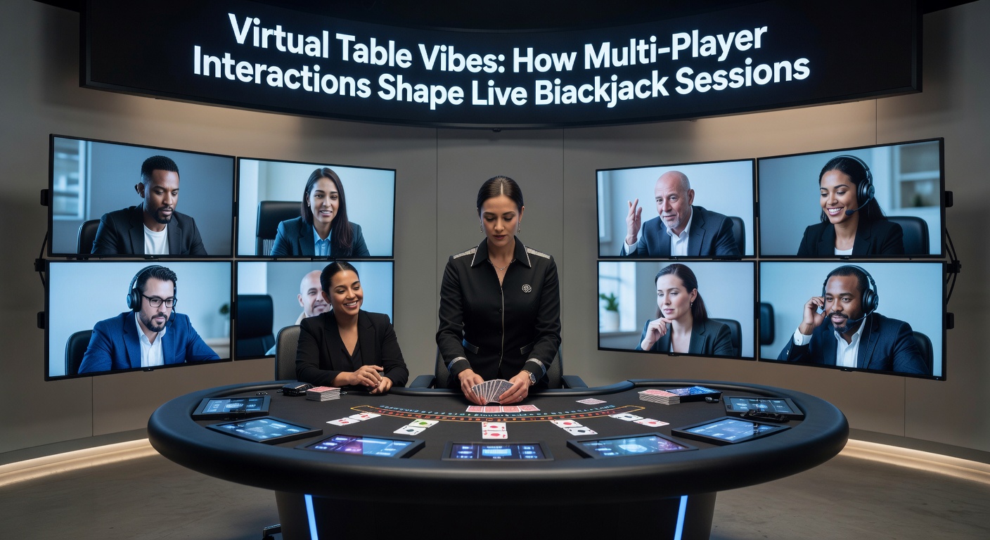 Diverse spelers chatten en reageren op een live blackjack stream, met kaarten en chips in actie